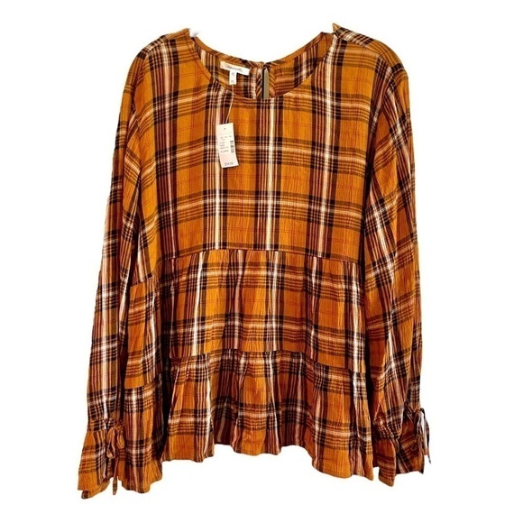 MAURICES, NWT, MUSTARD & BLACK PLAID, TIERED PEASANT TOP. LONG SLEEVE. SIZE XL - Picture 2 of 8